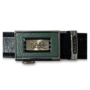 HUGO BOSS Men’s Dress Belt Buckle Ratchet Click Lock Chrome Green Gold Designer